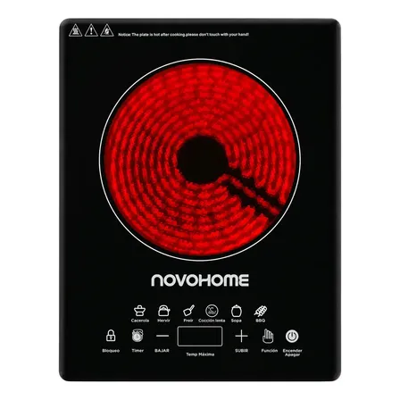 Anafe Eléctrico Vitrocerámico Novohome Panel Digital Táctil 8 Niveles 2000 W Color Negro