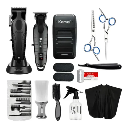 Combo Barbero Kemei Maquina Patillera Afeitadora Accesorios Negro