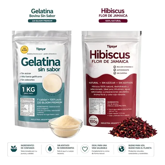 Gelatina Bovina Sin Sabor 1kg + Hibiscus Flor De Jamaica 100