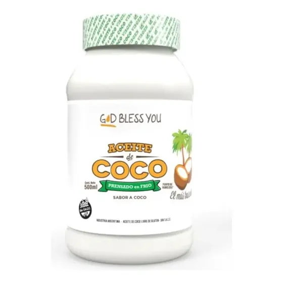 God Bless You Aceite Coco Virgen 500ml Prensado Frío Uso Culinario y Cosmético