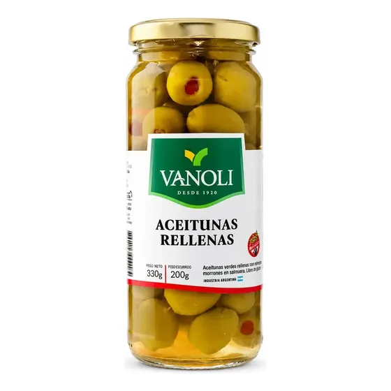 Vanoli Aceitunas Verdes Rellenas Morrón Frasco X 200/330 Gr