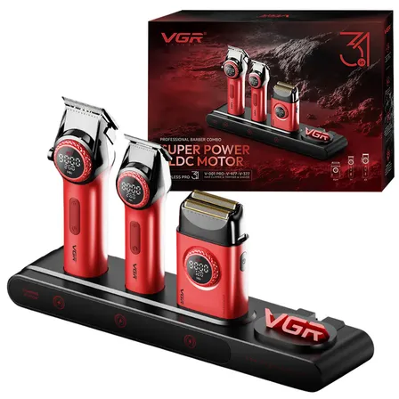 Kit Máquina De Cortar Pelo Afeitadora Barbería Vgr 3en1 Luz Rojo