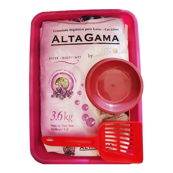 Kit Bandeja Sanitaria Gato Comedero Palita Piedras Lavanda