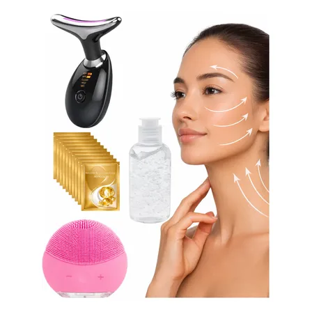 Kit Skincare Masajeador Reductor Limpieza Facial Exfoliador Negro/rosa