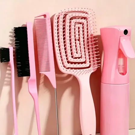 Set De Cepillos Y Peine De Peluquería Con Vaporizador Rosa Claro
