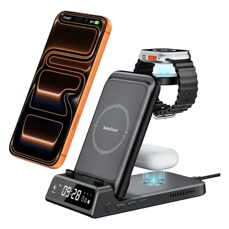 Estación de Carga Inalámbrica Plegable para iPhone, Apple Watch y AirPods | Reloj regulable, botón inicio/paro carga, compatible con iPhone 17-11/Air, Watch Ultra 3/11-5, AirPods Pro, SwanScout 703A