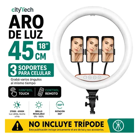 Aro De Luz Profesional Touch 45cm 3 Soporte Celular+ Control Negro Blanco Neutro Frio Cálido