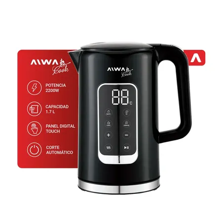 Pava Eléctrica Aiwa Digital Touch Acero Inoxidable Base Giratoria Hervidora Mate Café Té 1.7l 2200w Negro