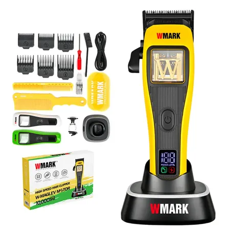 Cortadora de Pelo Inalámbrica de Alta Velocidad 10000 Rpm Motor Vectorial Wmark NG-X1Plus Con Pantalla Led Base Y Accesorios Color Amarilla
