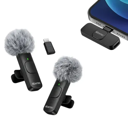 Micrófono Inalámbrico Dual Kortec Lavalier USB-C y Lightning para iPhone y Android