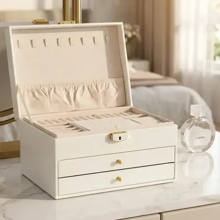 Alhajero Mtl Organizador Joyas Cerradura 2 Cajones Cuero Ecologico Color Blanco Compartimentos Portatil Anillos Aros Pulseras Relojes Collares Accesorios