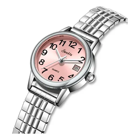 Reloj Elegante Casual De Cuarzo Rosa Plateado Con Ventana De Plateado Rosa