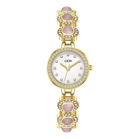 Reloj de Pulsera GEDI para Mujer, Dorado con Cristales Brillantes y Caja Rosa Nácar