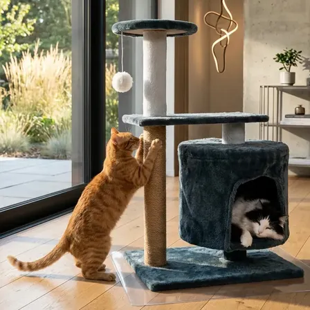 Rascador Gimnasio para Gatos con Casita, Cama y Juguete Colgante, Torre de Sisal y Felpa, Ideal para Gatos y Gatitos de Interior