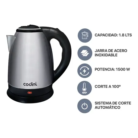 Pava Eléctrica Hervidora Acero Inoxidable 1.8 Lts Codini - P18HAN