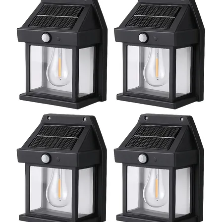 Pack X4 Farol De Pared Luz Led Solar Exterior Jardín Panel Aplique Con Sensor Movimiento Cálida Estructura Negro