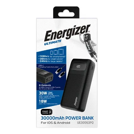 Power Bank Energizer Cargador Portatil Powerbank Ultimate 30000mah Lcd 6 Salidas Color Negro