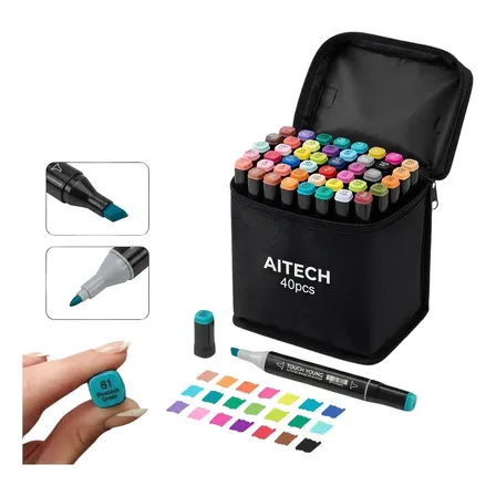 Set 40 Marcadores Doble Punta Biselada Colores Dual Tip Pincel Arte Dibujo Ilustracion Manga Boceto Sketch Lettering Diseño Profesional Artistico Estuche Bolso Escuela Regalo Fibras Comic