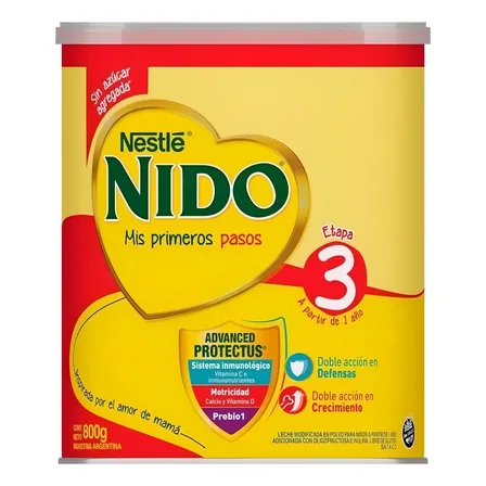 Leche de fórmula en polvo sin TACC Nestlé Nido 3 en lata - Pack de 12 de 800g - 1 a 3 años