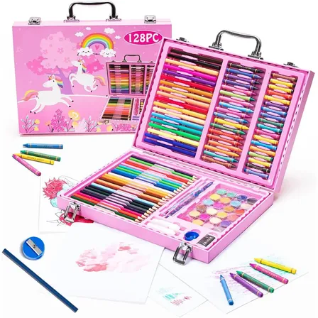 Set X128 Piezas Arte Infantil Dibujo En Maletín Metálico Completo Incluye Lápices Marcadores Pinturas Pasteles Y Accesorios Ideal Para Todas Las Edades Levys Bazar Color Rosa
