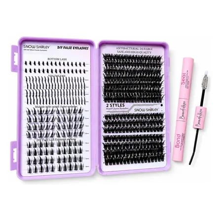Kit Pestañas Cluster Librito Con  Bond Y Seal Snow Shirley 6 Estilos Libro Violeta D Bottom Lash , Pestañas Inferiores, Anime, Fluffy