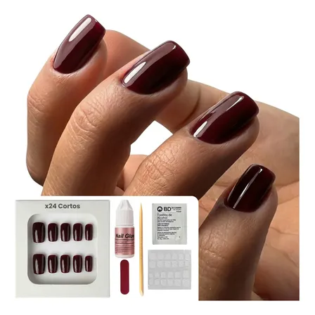 Press On Nails Cuadrada Uñas Postizas Autoadhesivas Premium Bordó X24 Cortas Todos Los Talles
