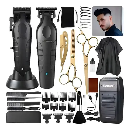 Set Kemei 2296+2299+1102 Profesional Cortadora De Pelo Trimmer Patillera Afeitadora Recargable USB Inalámbrica Con Peines Guía Para Cabello Barba Bigote Barbería Uso Personal