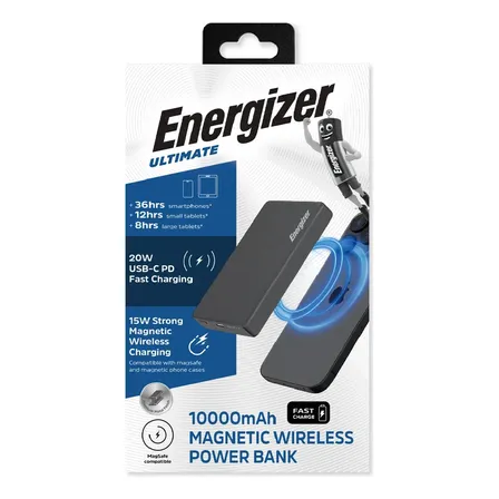 Power Bank Energizer Ultimate Cargador Magnético Carga Inalámbrica 15W Qi Powerbank Portatil Led 10000mah Carga Rápida 20W USB-C Negro