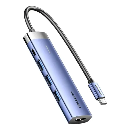 Hub Usb Vention - 5 En 1 Multipuerto - Usb Tipo C A Hdmi 4k + 3 Puertos Usb 3.0 - 5 Gbps + Power Delivery - Carcasa Aluminio - Premium - Tgesb