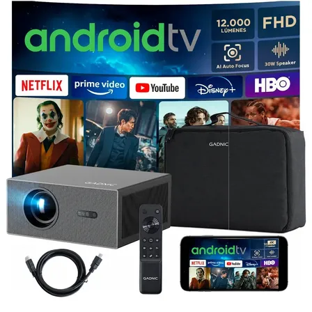Proyector Gadnic FHD 12000 Lúmenes Android TV WiFi 6 BT 5.4 AutoFocus + AutoKeystone Cable HDMI 1.5 Mts