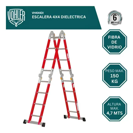 Escalera Articulada Dielectrica Vöhler 4x4 16 Escalones 4.7m Rojo