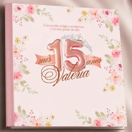 Fotolibro De Firma 21 X 21 Cm + Invitación Digital 15 Años Rosa Claro Romantico Flores