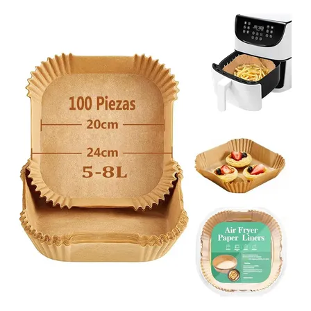 Pack X100 Bandeja Papel Cuadrada Antiadherente Para Freidora Aire Airfryer 20cm Descartable Color Marrón Levys Bazar