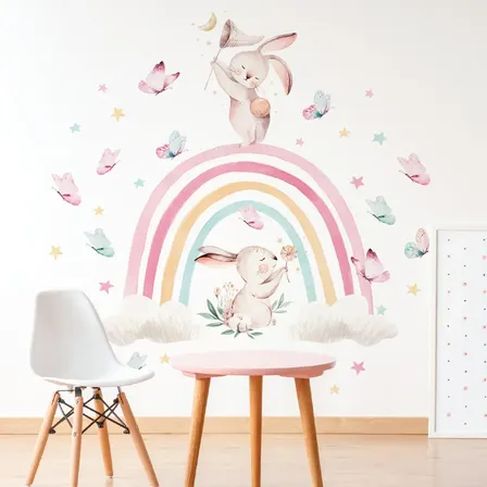 Vinilo Infantil Arcoíris Con Conejitos Estrellas Y Mariposas Rosa