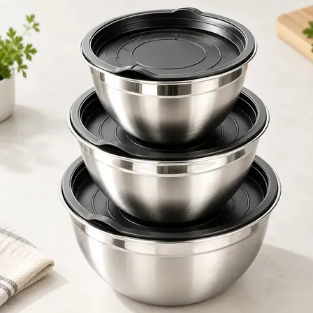 Set X3 Bowls Cocina Acero Inoxidable Con Tapa Ensaladeras Apilables Reforzados 18-20-22cm Batidor Reposteria Recipiente Hermetico Medidas Varias Levys Bazar Premium Cocina Hogar Regalo Full