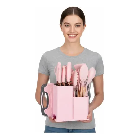 Kit 19 Pzs Utensilios Cocina Silicona Y Cuchillos Onistek Rosa