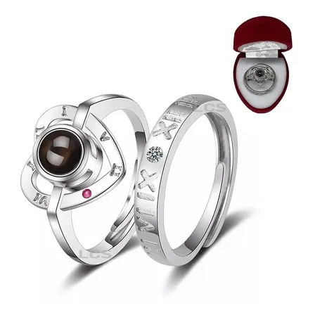 Anillo Te Amo 100 Idiomas Corazón Set X2 Estuche Regalo Pana