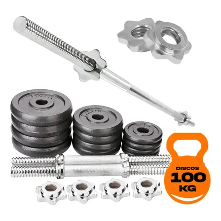 Kit Barra 1.50 Mts Maciza + 2 Mancuernas + 100 Kg En Discos