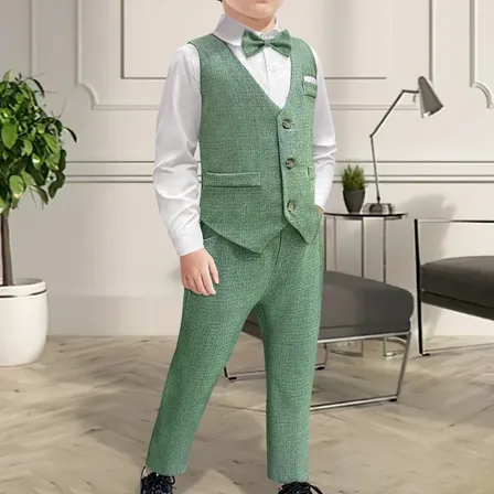 Traje Nene Con Chaleco Y Moño Verde Liso 9y