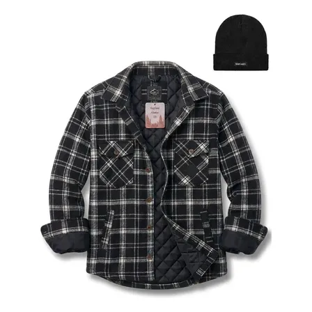 Camisaco Hombre Paño Pesado Premium Abrigado Urbano + Gorro Negro/blanco L Geométrico