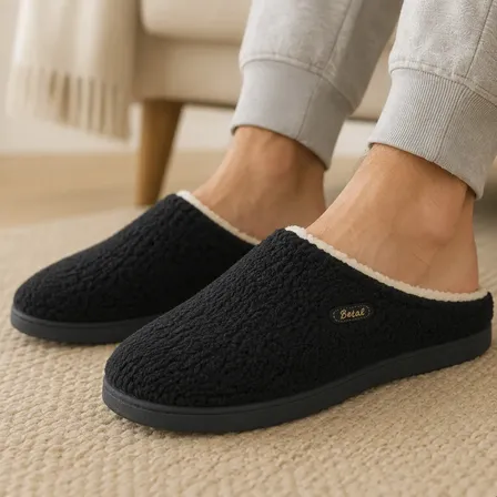 Pantuflas Hombre Toalla Corderito Suaves Abrigadas Para Casa Negro Liso 39/40