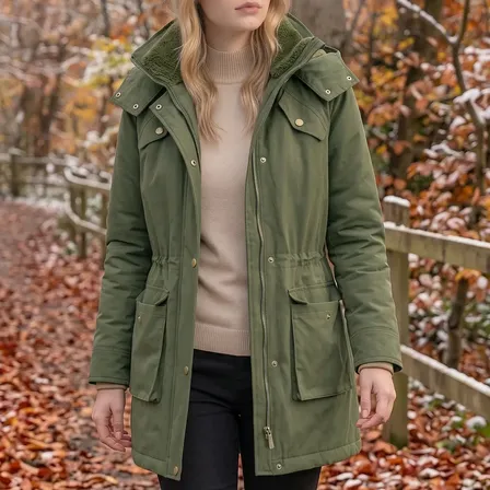 Campera Parka Mujer Gabardina Corderito Invierno Capucha Verde Oliva L