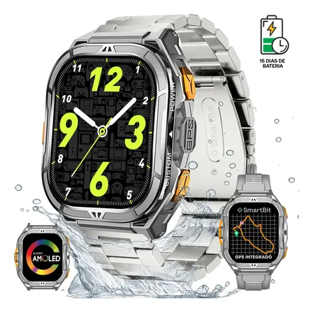 Reloj Inteligente Hombre Gps Integrado Satelital Smartbit Armor Gris Smartwatch Sumergible 50 Metros +170 Deportes Llamadas Mensajes Acero Inoxidable Super Amoled 15 Dias De Bateria Malla Extra