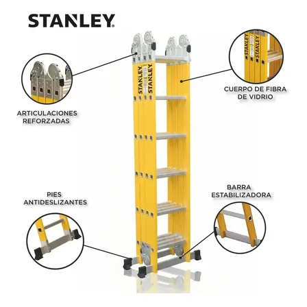 Escalera Articulada Dielectrica Stanley 24 Escalones 4x6 Color Amarillo 150 Kg