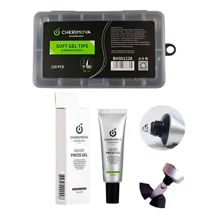 Combo Tips Soft Gel 120u + Gel Press On Cherimoya 15gr Almendra Corta - Bh001228