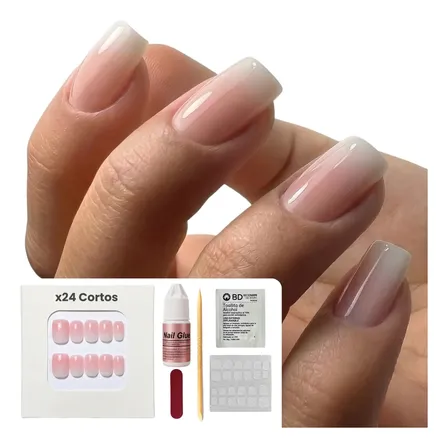 Press On Nails Cuadrada Uñas Postizas Autoadhesivas Premium Baby Boomer X24 Cortas Todos Los Talles