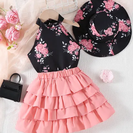 Conjunto 3 Piezas Top Halter Pollera Sombrero Niña Pink 1-2y