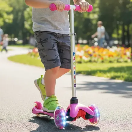 Monopatín Infantil Newtek 2095 3 Ruedas Luces LED Rosa Premium Scooter Niños Manubrio Regulable Antideslizante Lean To Steer Estable Seguro Jardín Exterior Regalo Cumpleaños