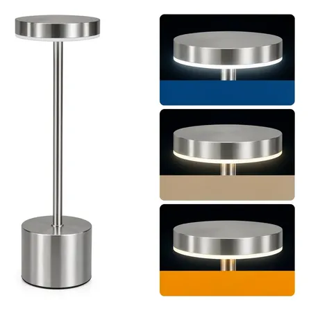 Velador Led Inalámbrico Recargable Touch 3 Luces Regulable P Plateado