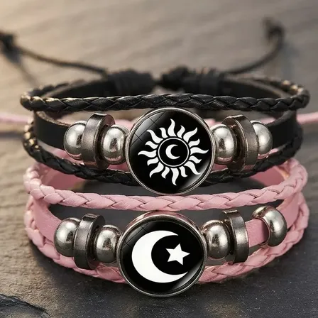 Set 2 Pulseras Para Parejas De Sol Y Luna Brilla Oscuridad Par Negro Y Rosa